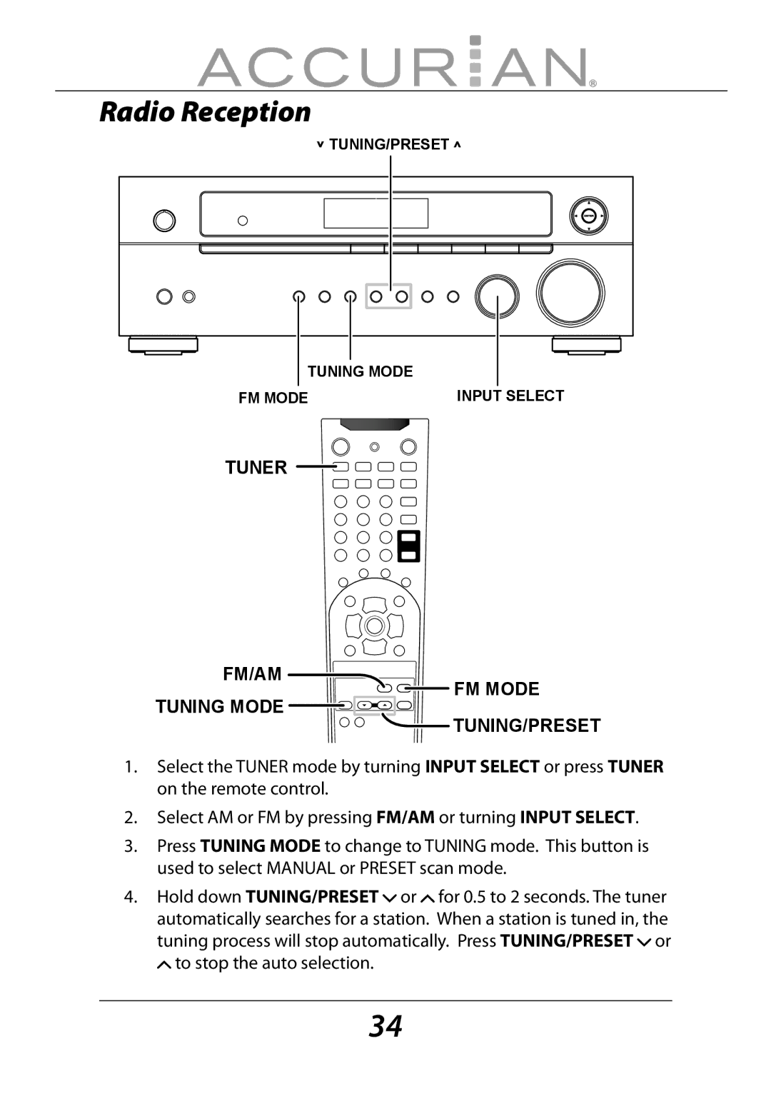 Sirius Satellite Radio 6.1ch Sirius-Ready A/V Surround Receiver manual Tuner FM/AM FM Mode Tuning Mode TUNING/PRESET 