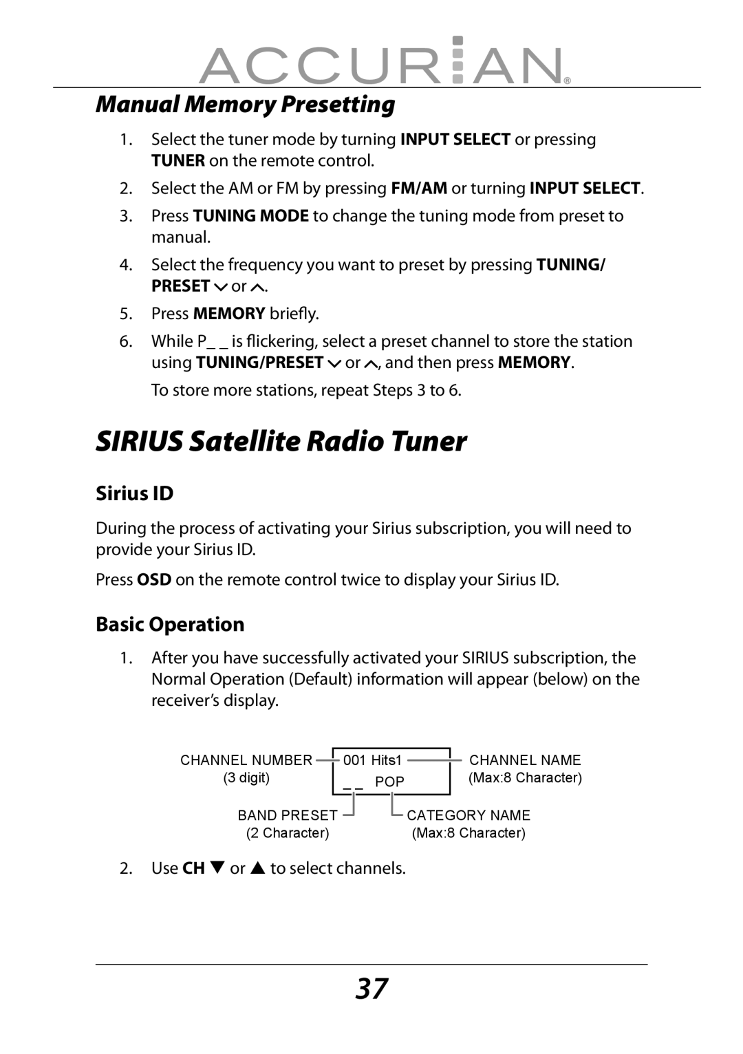 Sirius Satellite Radio 6.1ch Sirius-Ready A/V Surround Receiver manual Manual Memory Presetting, Sirius ID, Basic Operation 