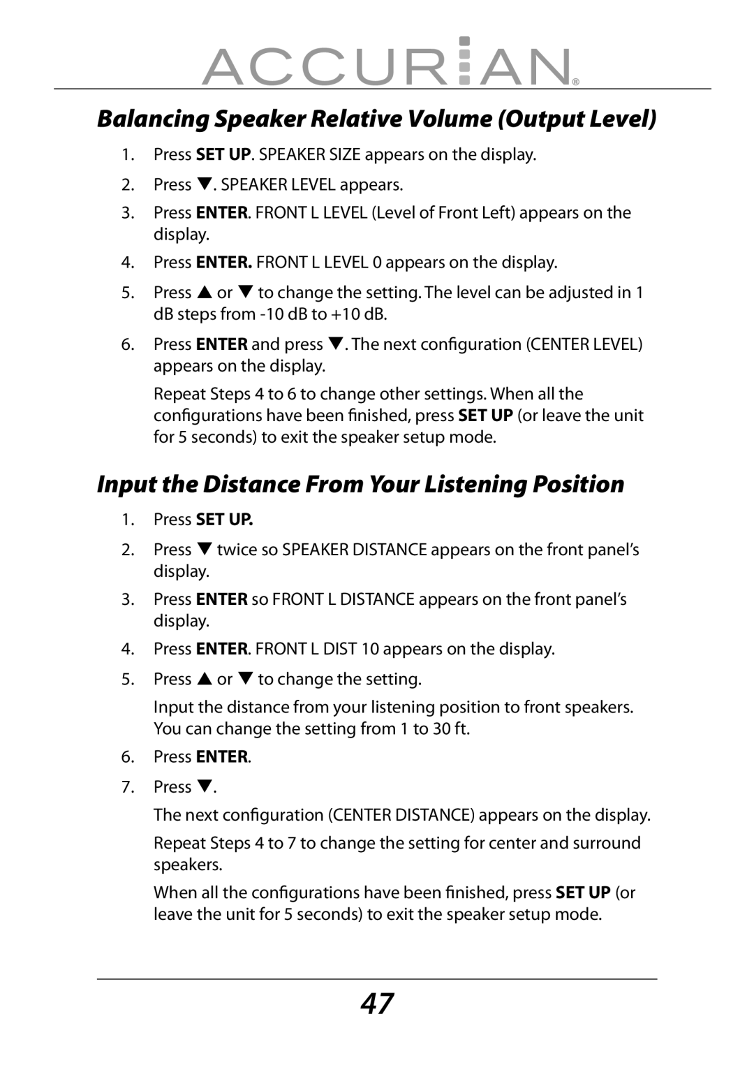 Sirius Satellite Radio 6.1ch Sirius-Ready A/V Surround Receiver manual Balancing Speaker Relative Volume Output Level 