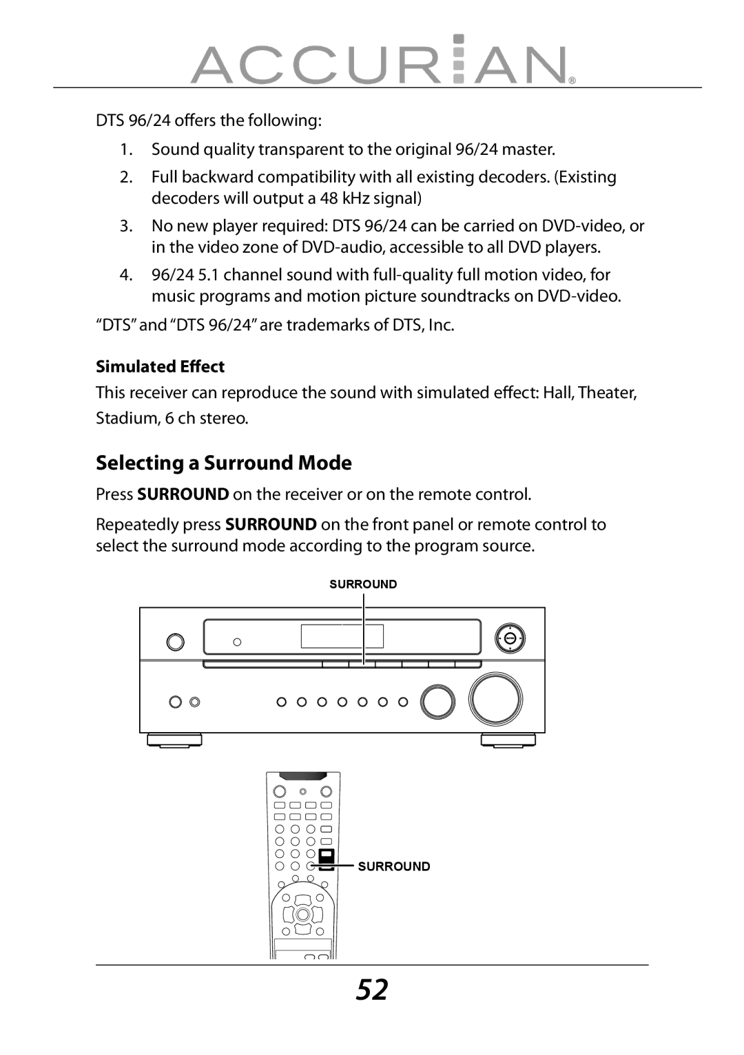 Sirius Satellite Radio 6.1ch Sirius-Ready A/V Surround Receiver manual Selecting a Surround Mode, Simulated Eﬀect 