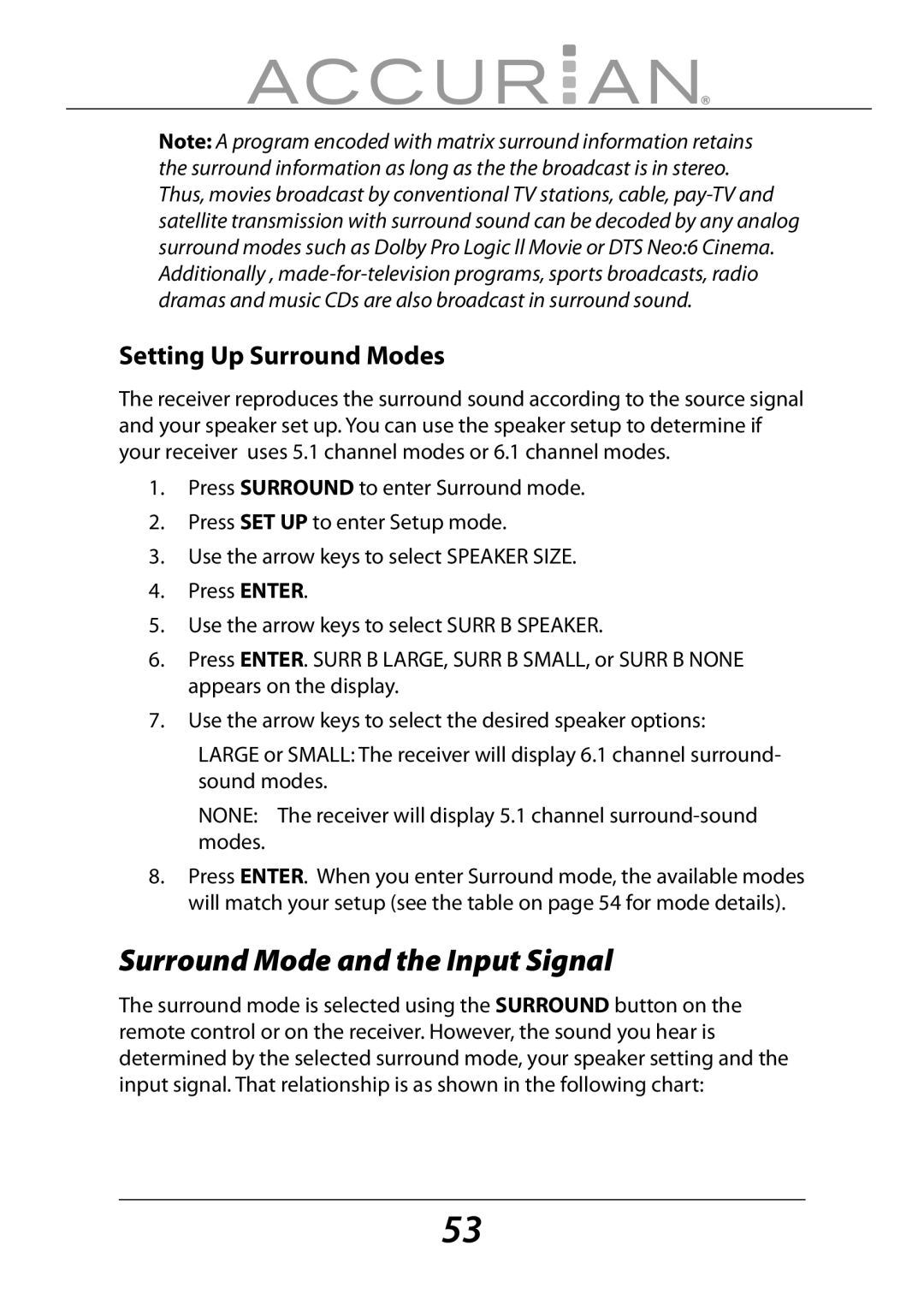 Sirius Satellite Radio 6.1ch Sirius-Ready A/V Surround Receiver manual Surround Mode and the Input Signal 