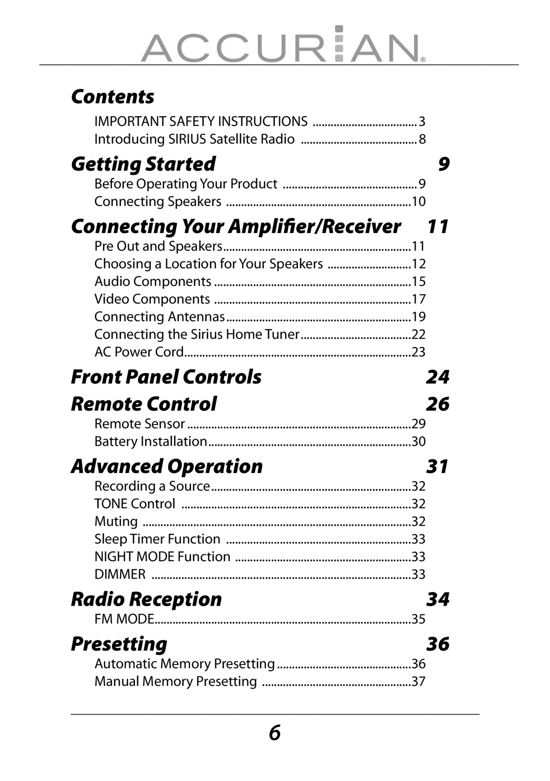 Sirius Satellite Radio 6.1ch Sirius-Ready A/V Surround Receiver manual Contents 