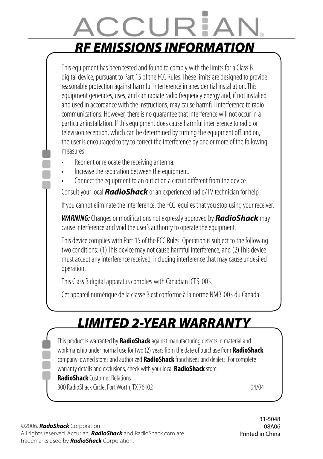 Sirius Satellite Radio 6.1ch Sirius-Ready A/V Surround Receiver manual RF Emissions Information 