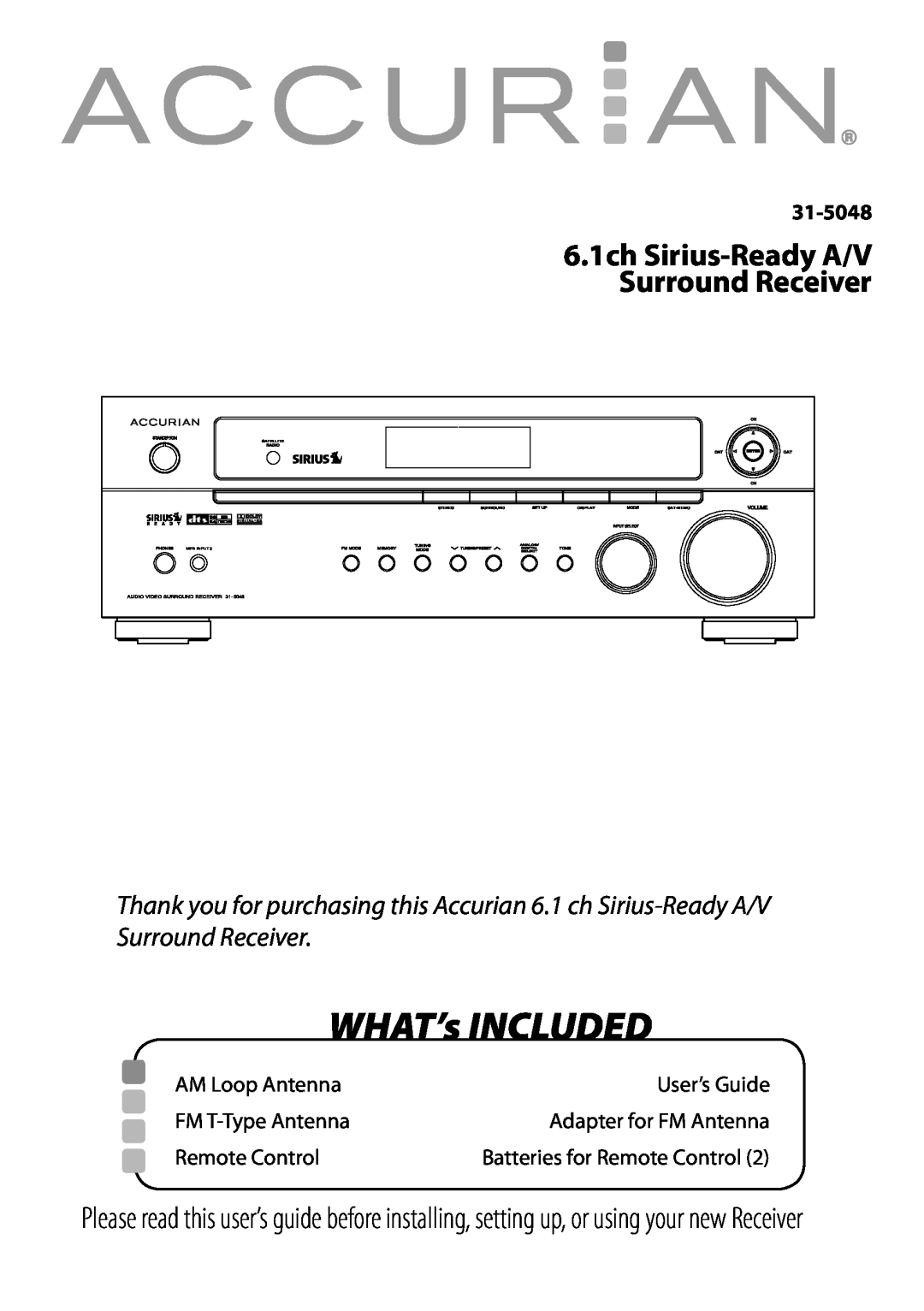 Sirius Satellite Radio 6.1ch Sirius-Ready A/V Surround Receiver manual WHAT’s INCLUDED 