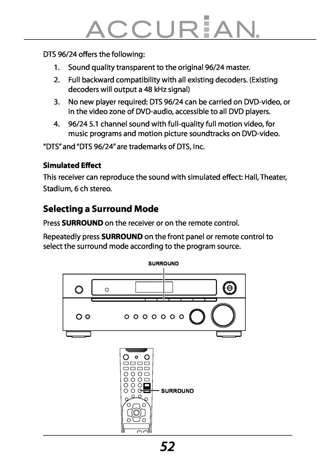 Sirius Satellite Radio 6.1ch Sirius-Ready A/V Surround Receiver manual Selecting a Surround Mode, Simulated Eﬀect 
