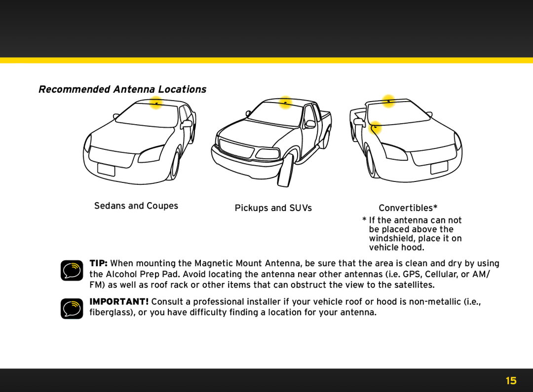 Sirius Satellite Radio 8840 manual Recommended Antenna Locations, Sedans and Coupes Pickups and SUVs Convertibles 