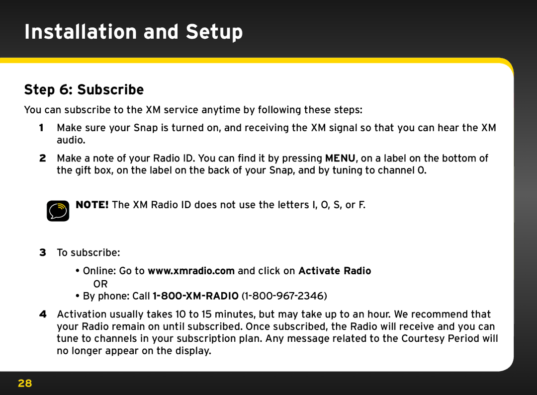 Sirius Satellite Radio 8840 manual Installation and Setup, Subscribe 