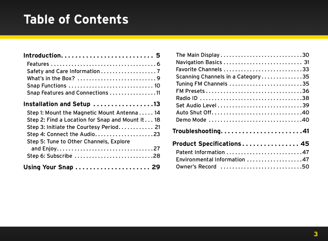 Sirius Satellite Radio 8840 manual Table of Contents 