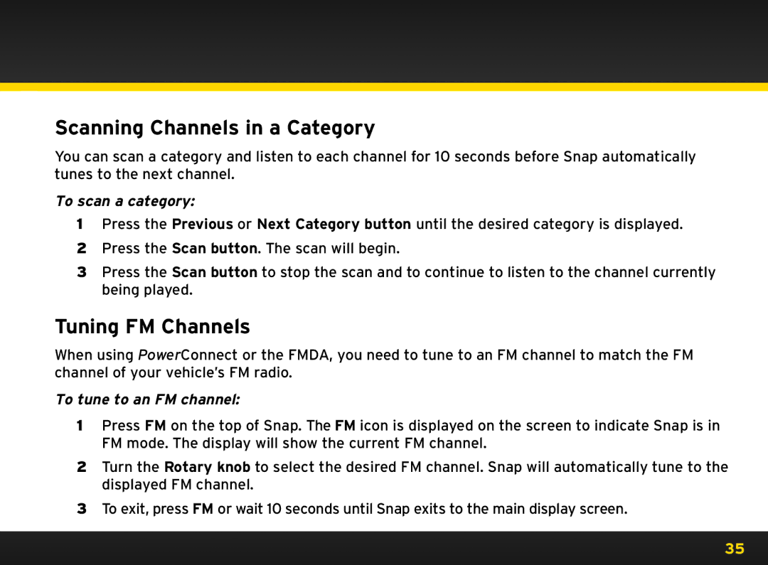 Sirius Satellite Radio 8840 manual Scanning Channels in a Category, Tuning FM Channels, To scan a category 