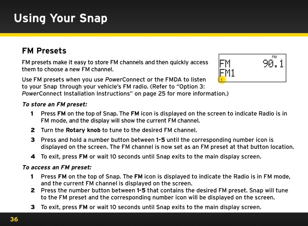 Sirius Satellite Radio 8840 manual FM Presets, To store an FM preset, To access an FM preset 