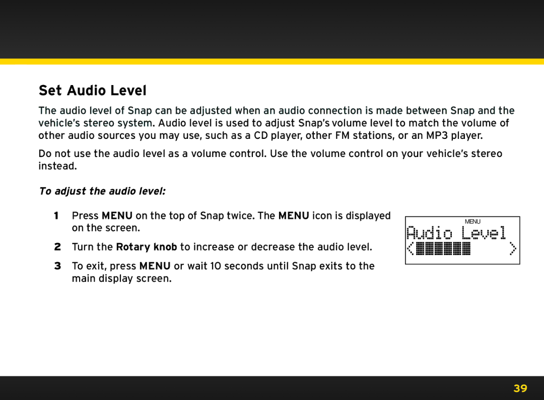 Sirius Satellite Radio 8840 manual Set Audio Level, To adjust the audio level 