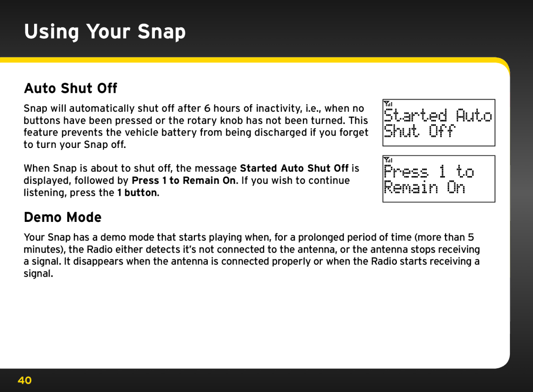 Sirius Satellite Radio 8840 manual Auto Shut Off, Demo Mode 