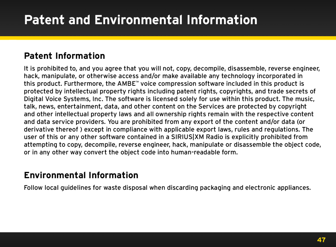 Sirius Satellite Radio 8840 manual Patent and Environmental Information, Patent Information 