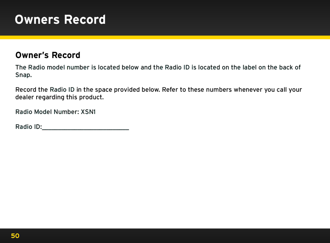 Sirius Satellite Radio 8840 manual Owners Record, Owner’s Record 