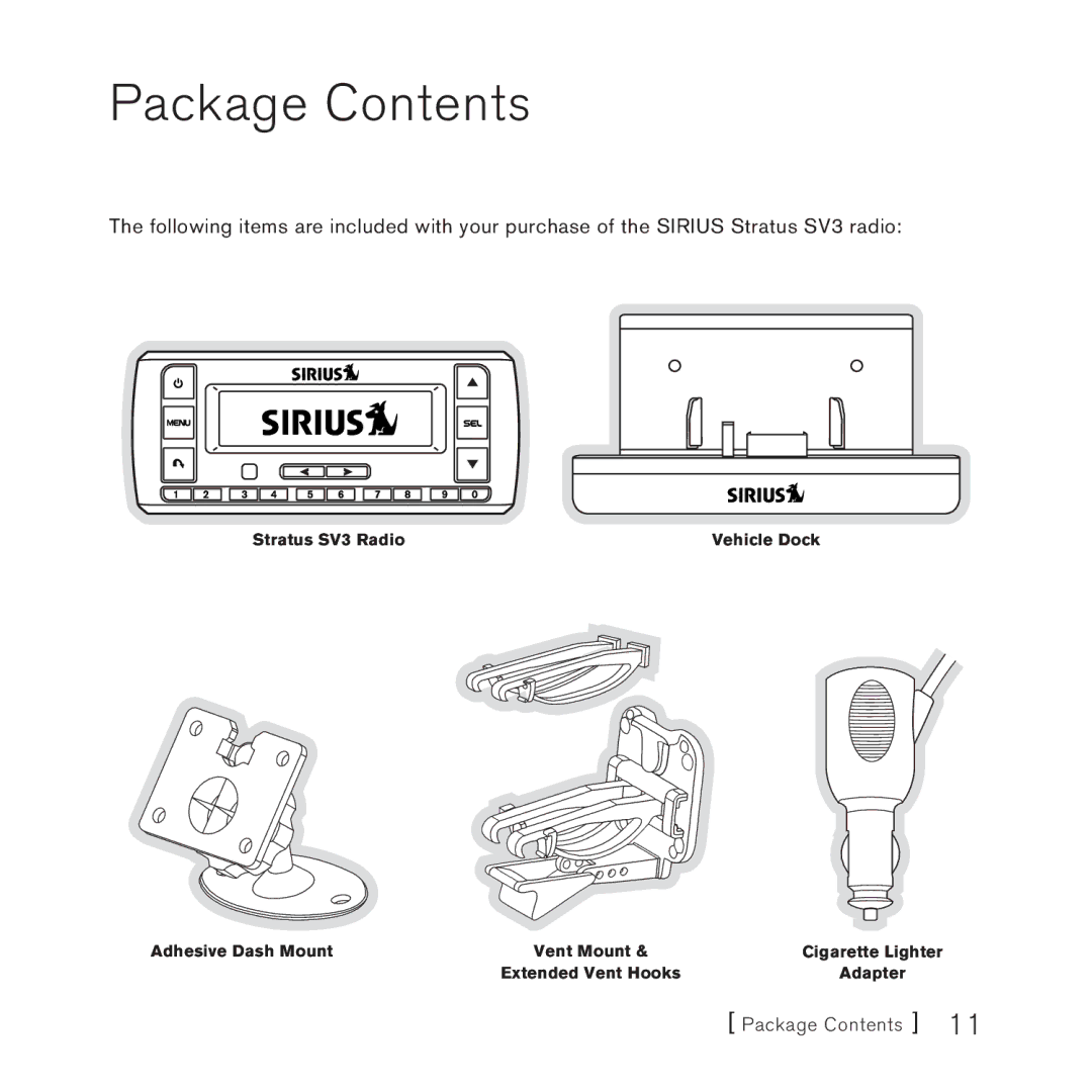 Sirius Satellite Radio AM/FM SV3 manual Package Contents 