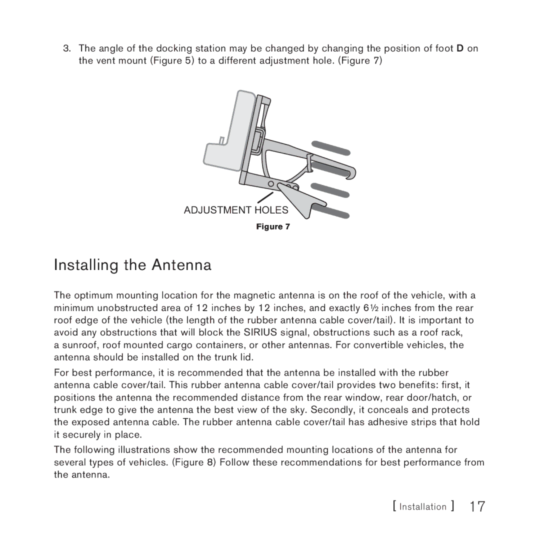 Sirius Satellite Radio AM/FM SV3 manual Installing the Antenna 