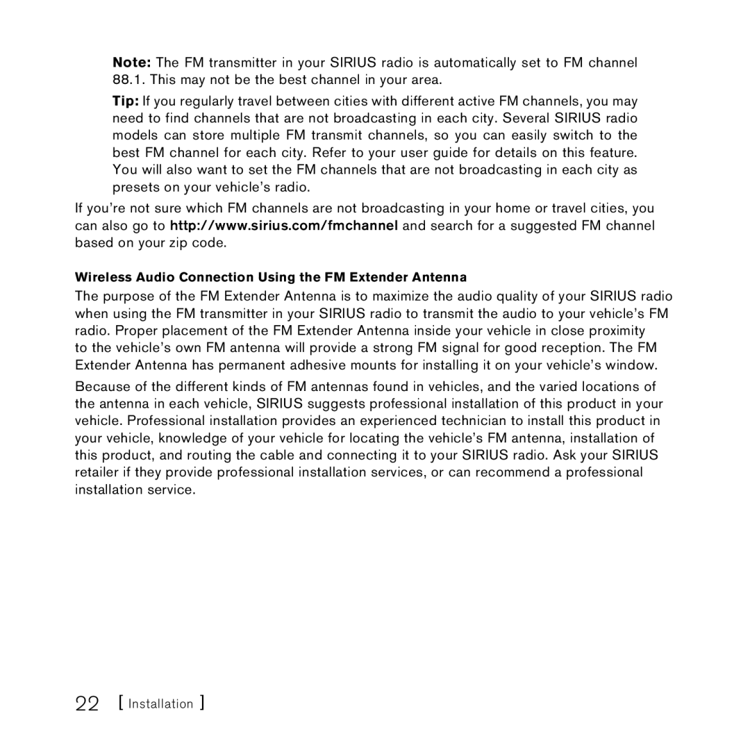 Sirius Satellite Radio AM/FM SV3 manual Wireless Audio Connection Using the FM Extender Antenna 