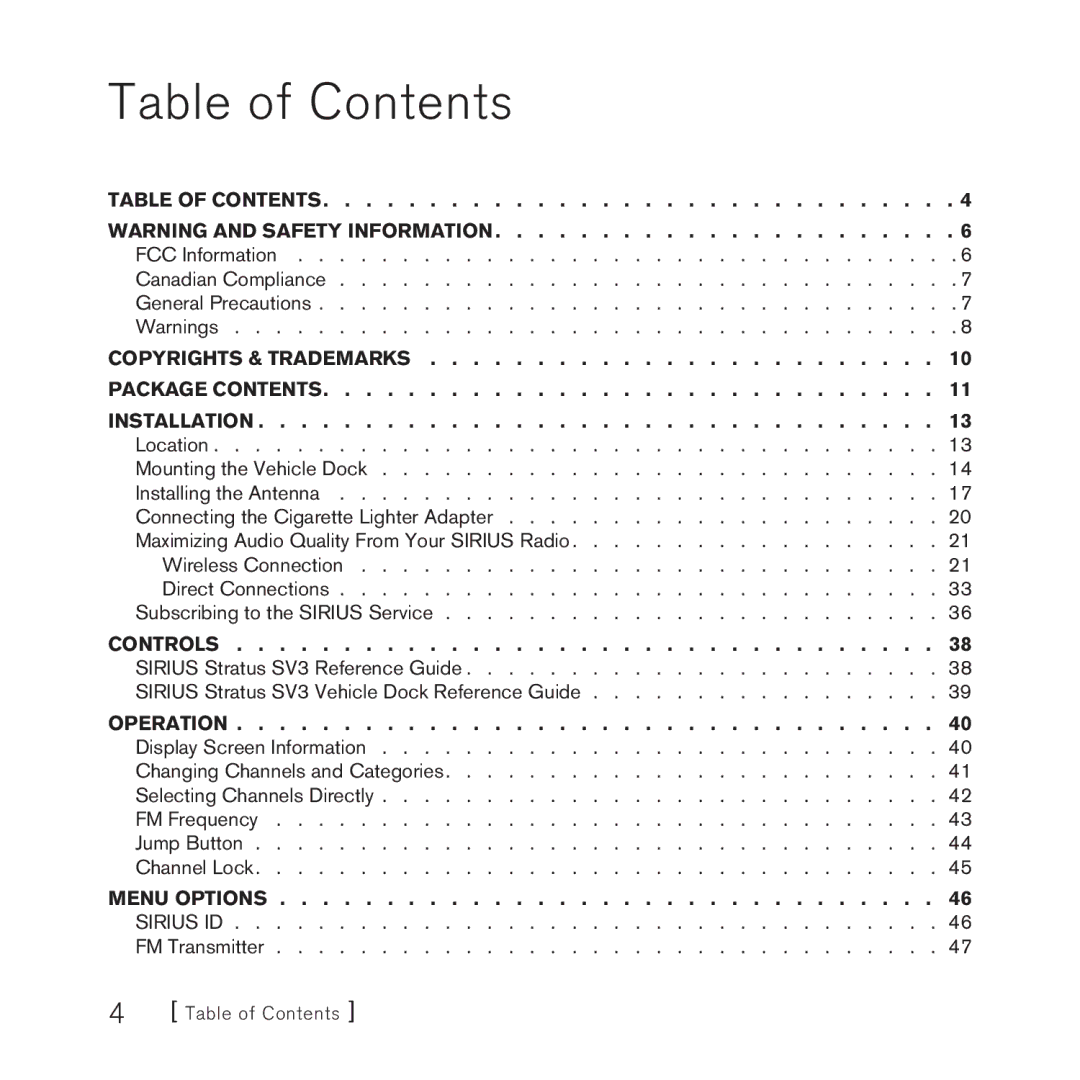 Sirius Satellite Radio AM/FM SV3 manual Table of Contents 