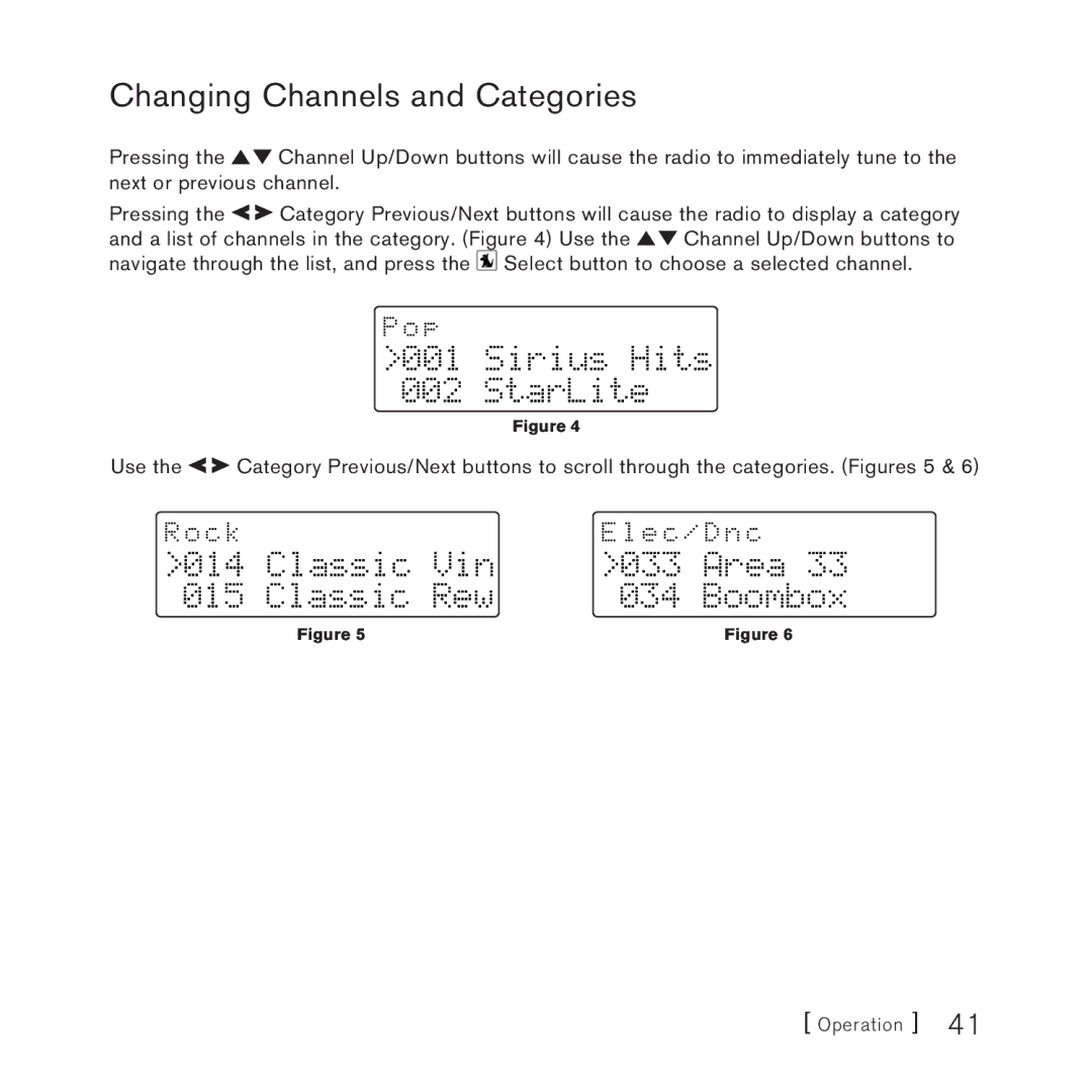 Sirius Satellite Radio AM/FM SV3 manual Changing Channels and Categories, Sirius Hits StarLite 