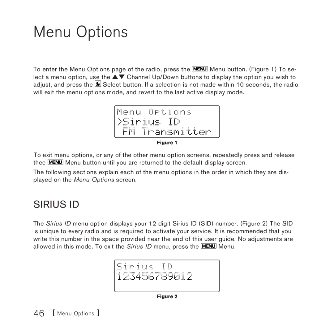 Sirius Satellite Radio AM/FM SV3 manual Menu Options, Sirius ID FM Transmitter, 123456789012 