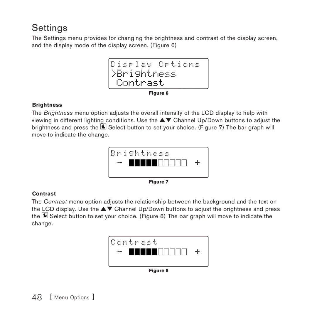 Sirius Satellite Radio AM/FM SV3 manual Settings, Brightness Contrast 