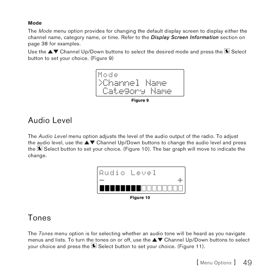 Sirius Satellite Radio AM/FM SV3 manual Audio Level, Tones, Channel Name Category Name 