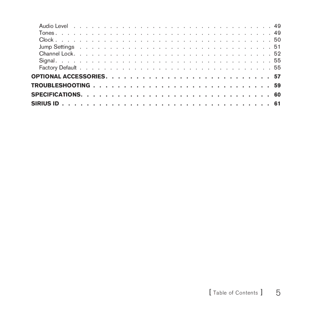 Sirius Satellite Radio AM/FM SV3 manual Table of Contents 