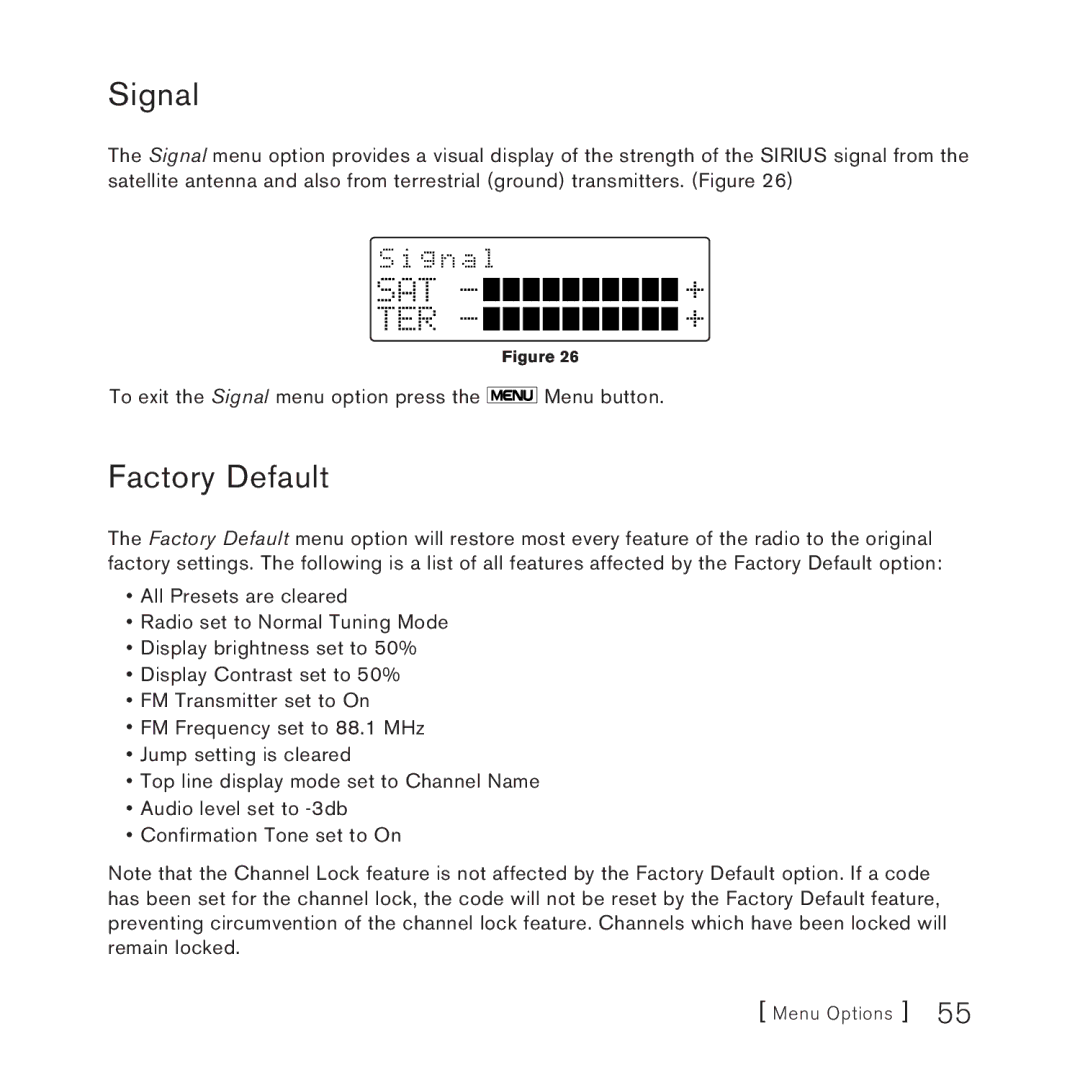 Sirius Satellite Radio AM/FM SV3 manual Signal, Factory Default, Sat + Ter + 