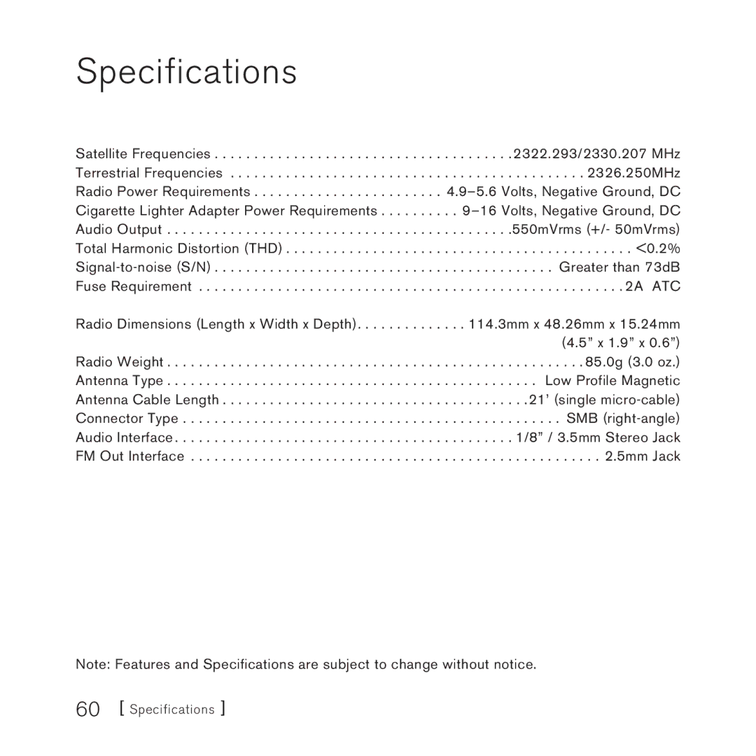 Sirius Satellite Radio AM/FM SV3 manual Specifications 