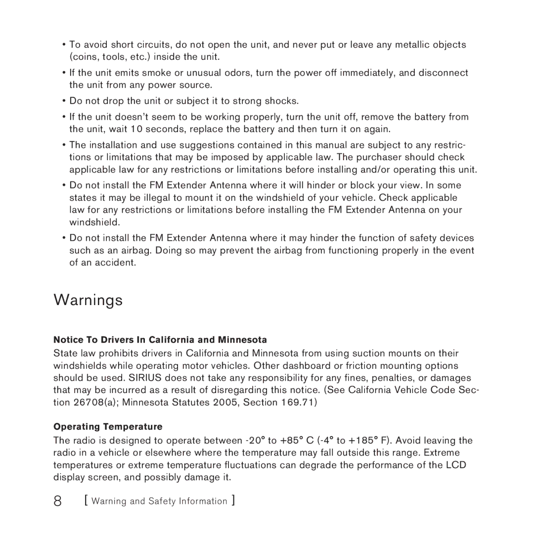 Sirius Satellite Radio AM/FM SV3 manual Operating Temperature 
