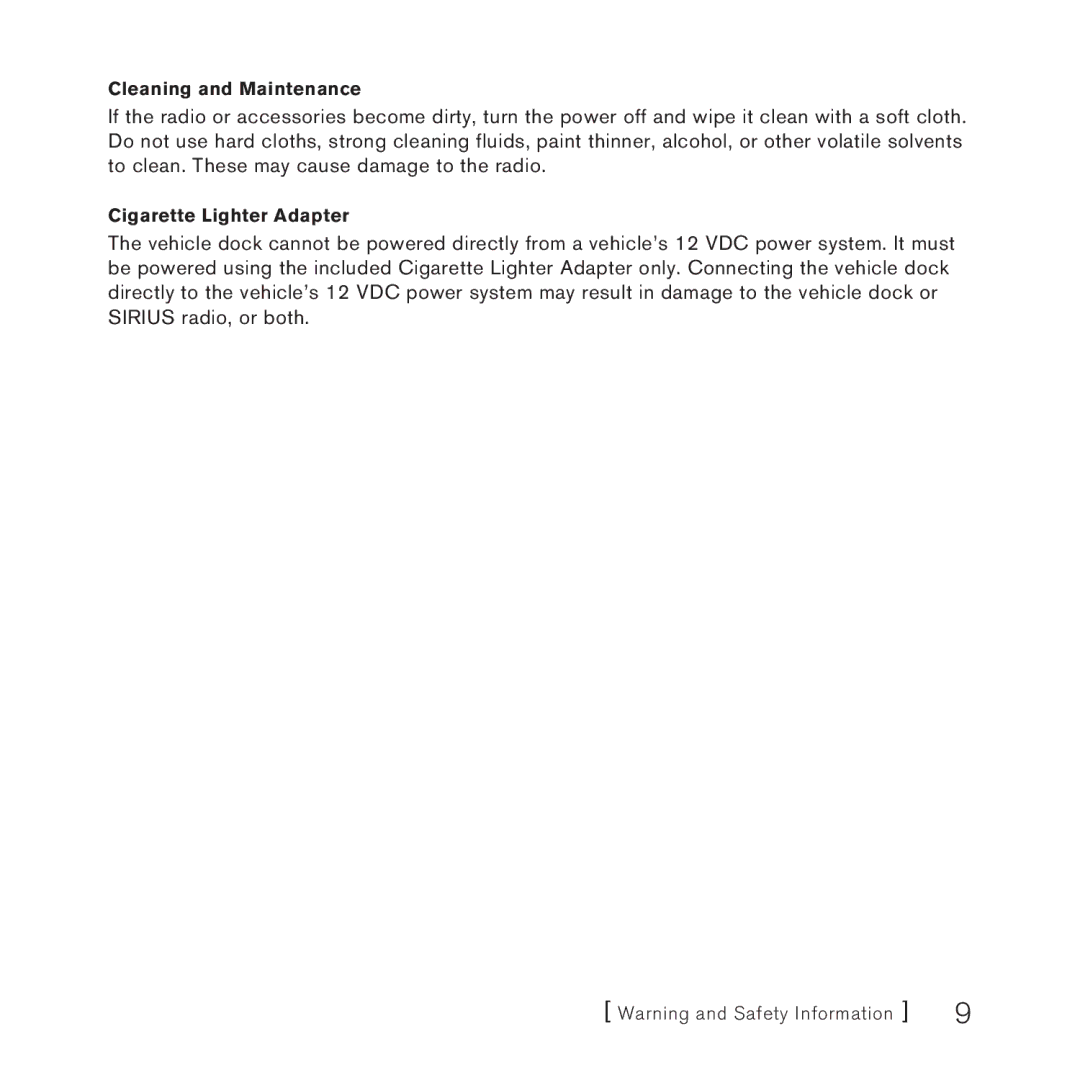 Sirius Satellite Radio AM/FM SV3 manual Cleaning and Maintenance 