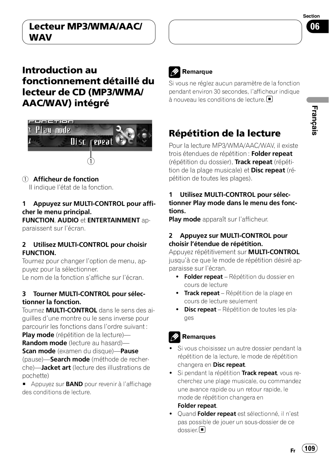 Sirius Satellite Radio DEH-P7800MP operation manual Lecteur MP3/WMA/AAC WAV, Répétition de la lecture, Français 