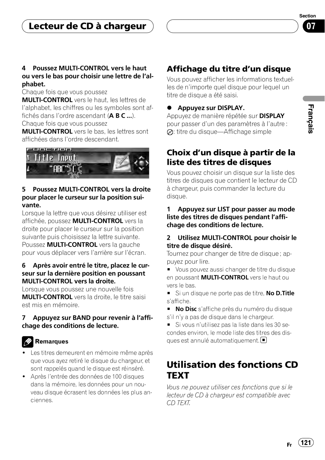 Sirius Satellite Radio DEH-P7800MP operation manual Lecteur de CD à chargeur, Affichage du titre d’un disque, Remarques 
