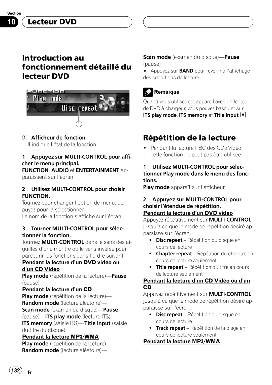 Sirius Satellite Radio DEH-P7800MP operation manual Lecteur DVD, 132 Fr, Répétition de la lecture 
