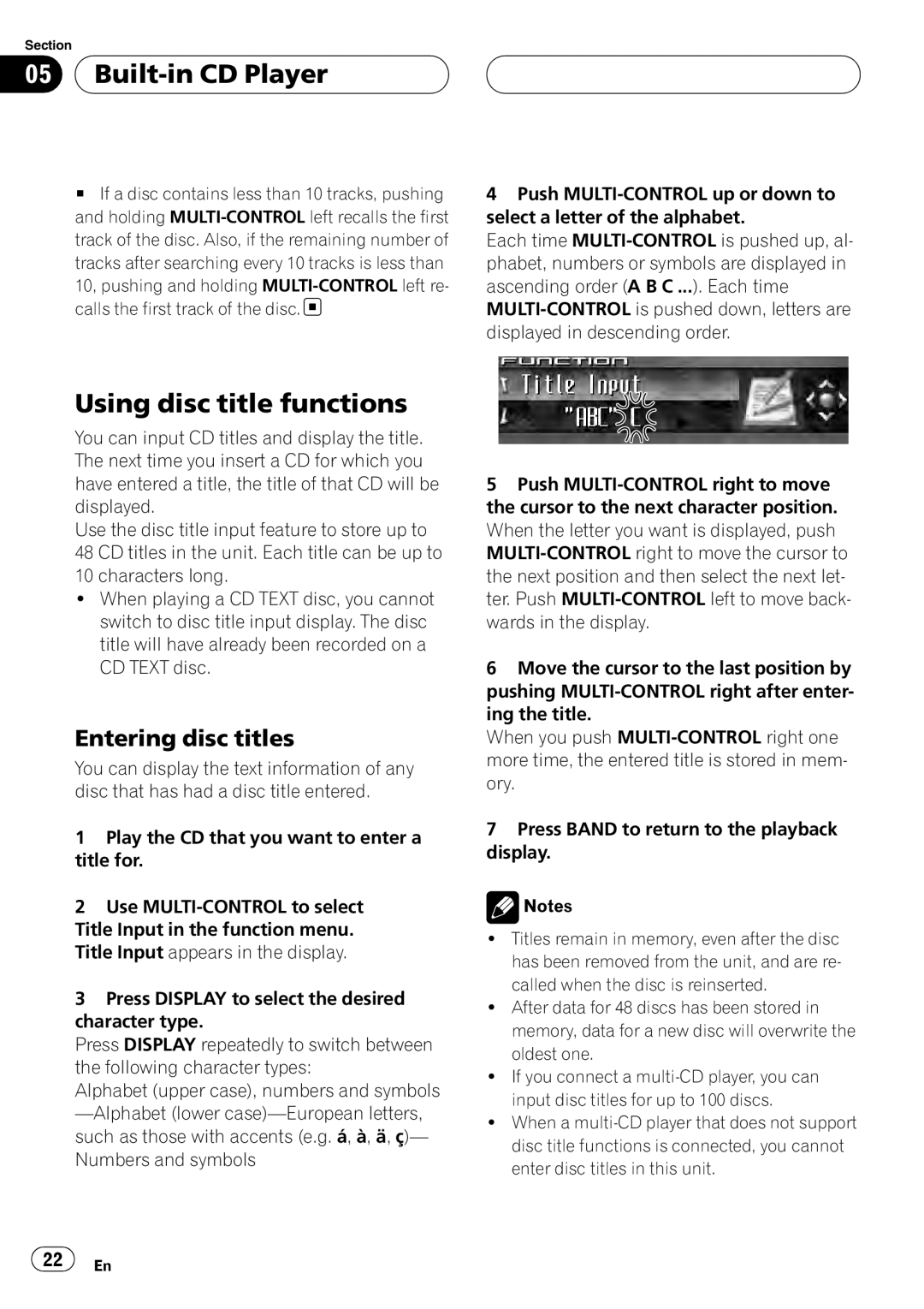 Sirius Satellite Radio DEH-P7800MP operation manual 05Built-inCD Player, Using disc title functions, Entering disc titles 
