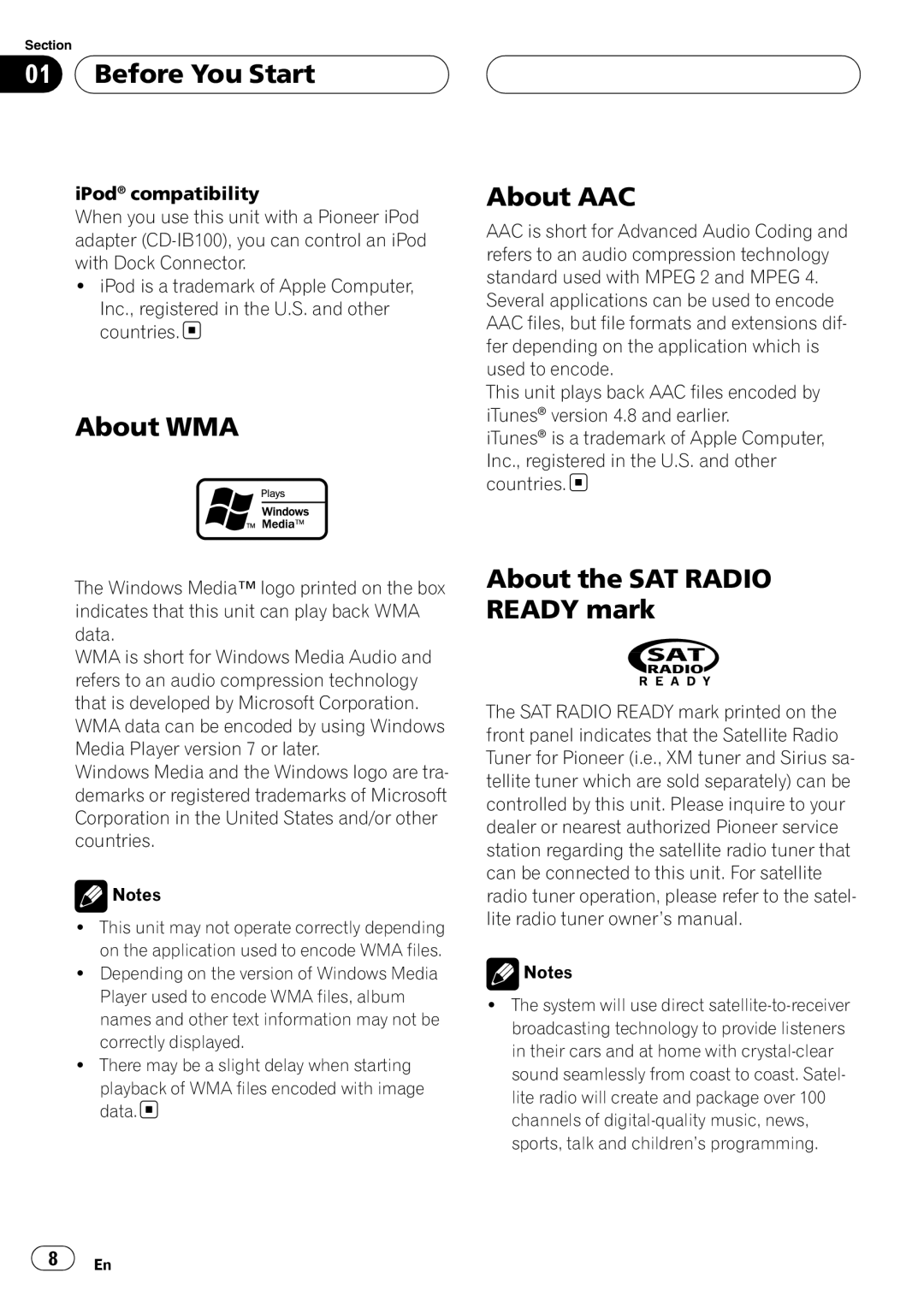 Sirius Satellite Radio DEH-P7800MP operation manual Before You Start, About WMA, About AAC, About the SAT RADIO READY mark 
