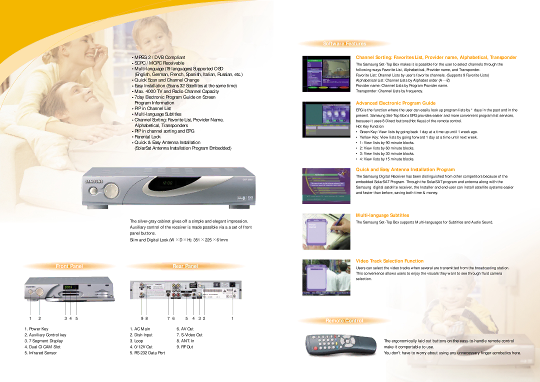 Sirius Satellite Radio DSR 3800, DSR 3700 technical specifications Front Panel Rear Panel, Software Features, Remote Control 