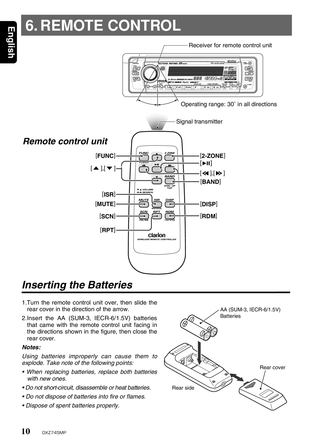 Sirius Satellite Radio DXZ745MP owner manual Remote Control, Inserting the Batteries, Receiver for remote control unit 