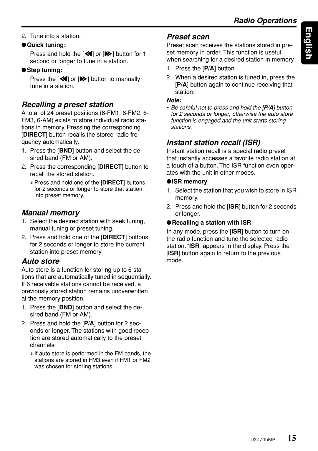 Sirius Satellite Radio DXZ745MP Radio Operations, Preset scan, Recalling a preset station, Manual memory, Auto store 