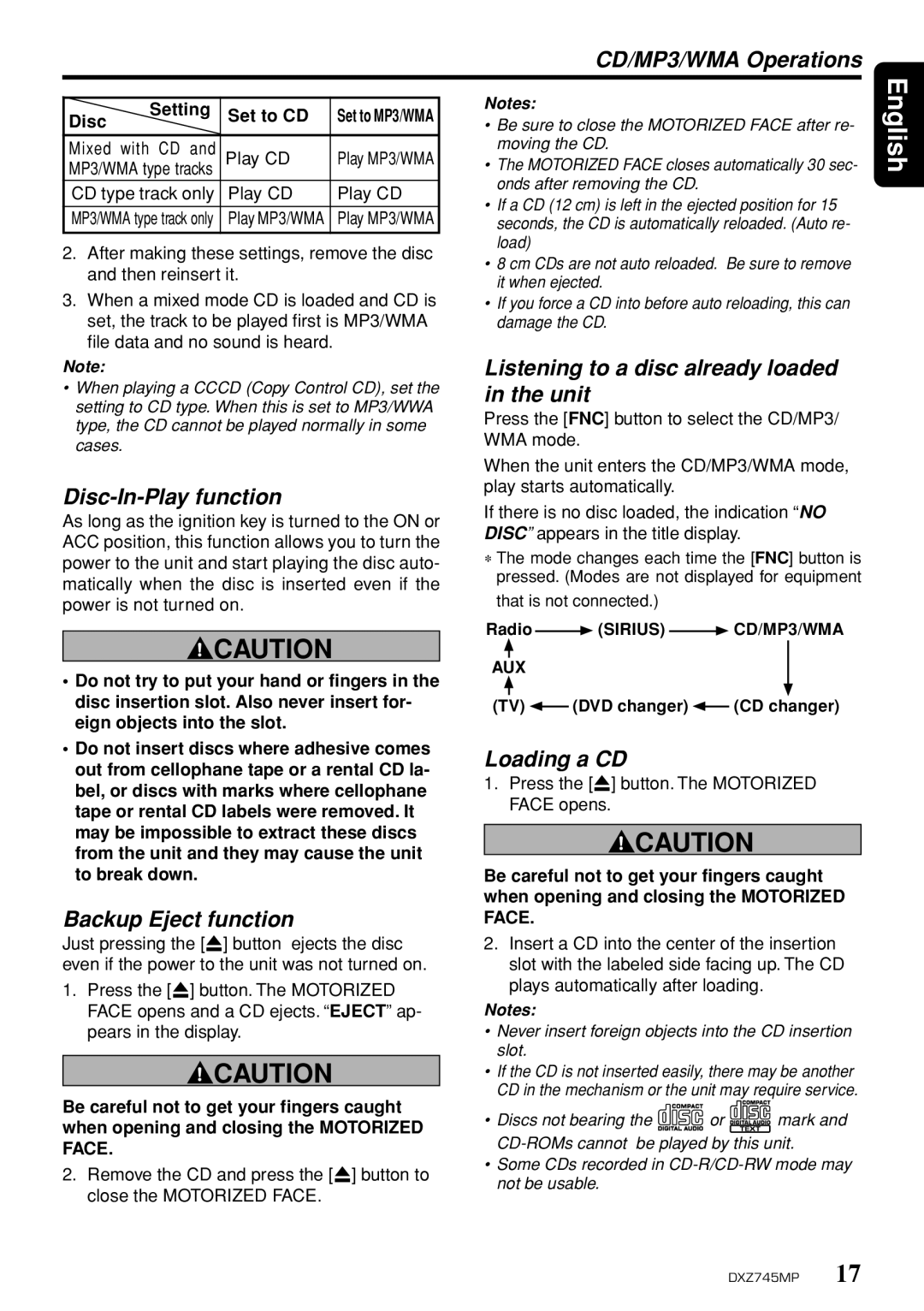 Sirius Satellite Radio DXZ745MP CD/MP3/WMA Operations, Disc-In-Play function, Backup Eject function, Loading a CD 