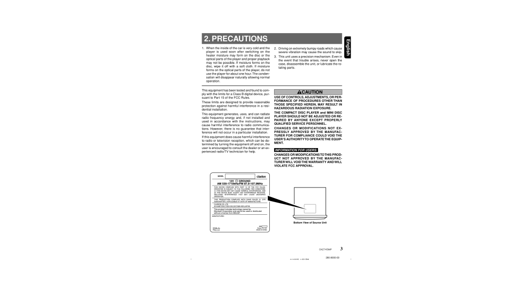 Sirius Satellite Radio DXZ745MP owner manual Precautions, Information for Users 