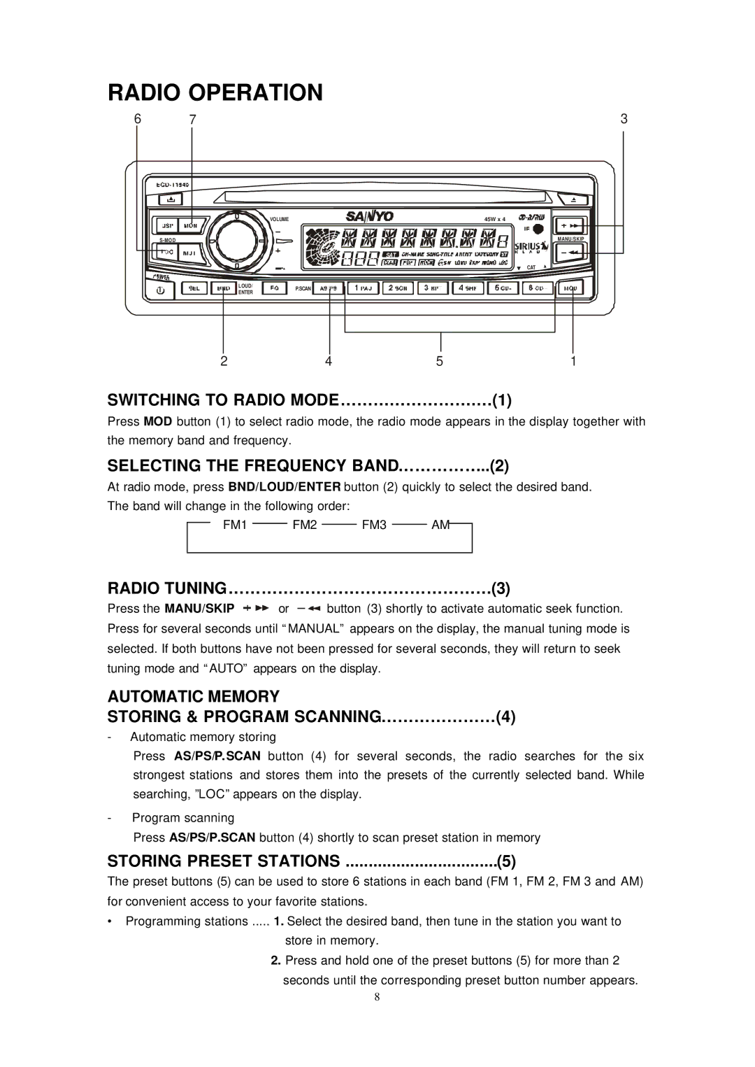 Sirius Satellite Radio ECD-T1540 manual Radio Operation, Switching to Radio MODE… … … … … … … … .… 