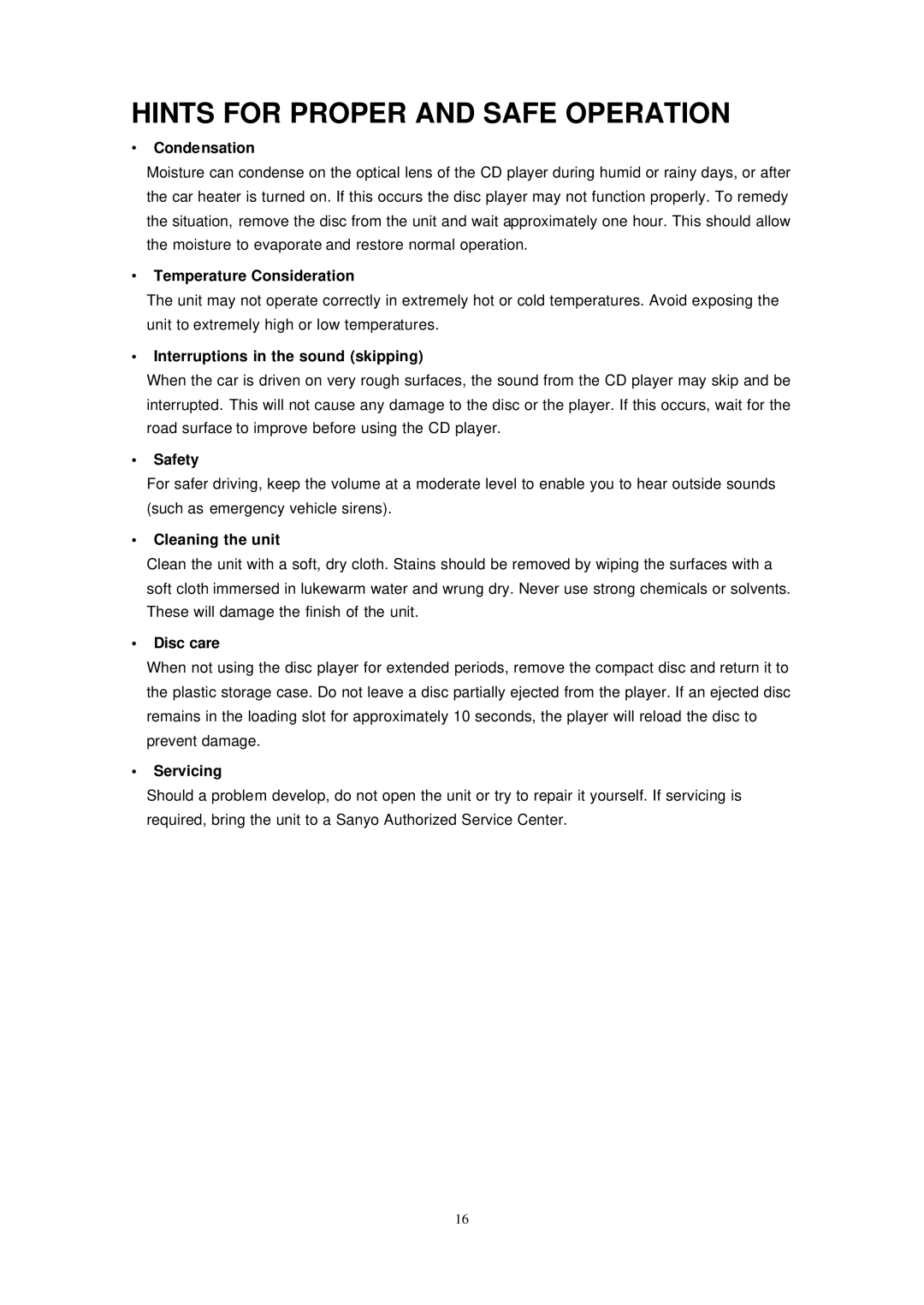 Sirius Satellite Radio ECD-T1540 manual Hints for Proper and Safe Operation 