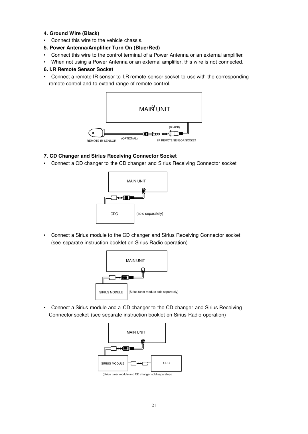 Sirius Satellite Radio ECD-T1540 manual Ground Wire Black, Power Antenna/Amplifier Turn On Blue/Red, R Remote Sensor Socket 