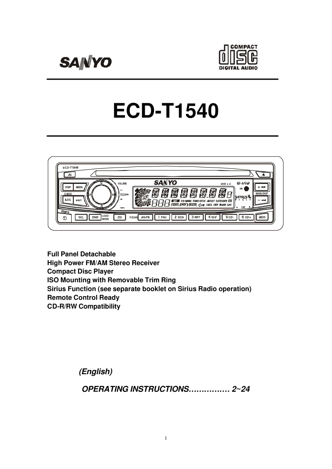 Sirius Satellite Radio ECD-T1540 manual Operating INSTRUCTIONS… … … … … ~24 