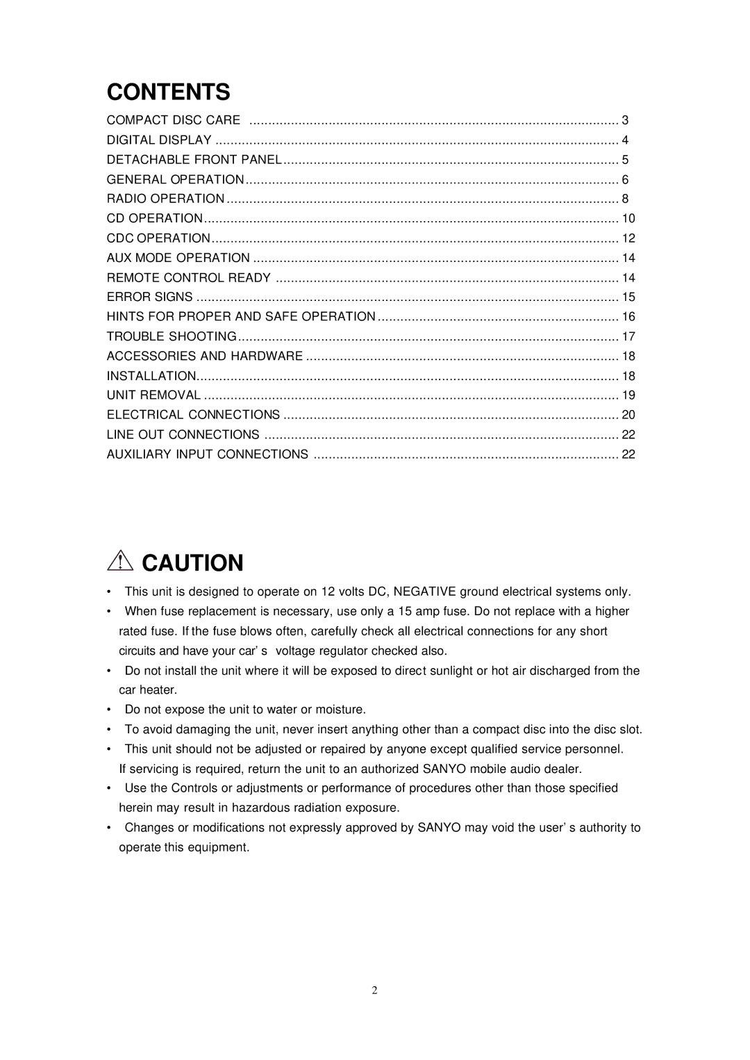 Sirius Satellite Radio ECD-T1540 manual Contents 