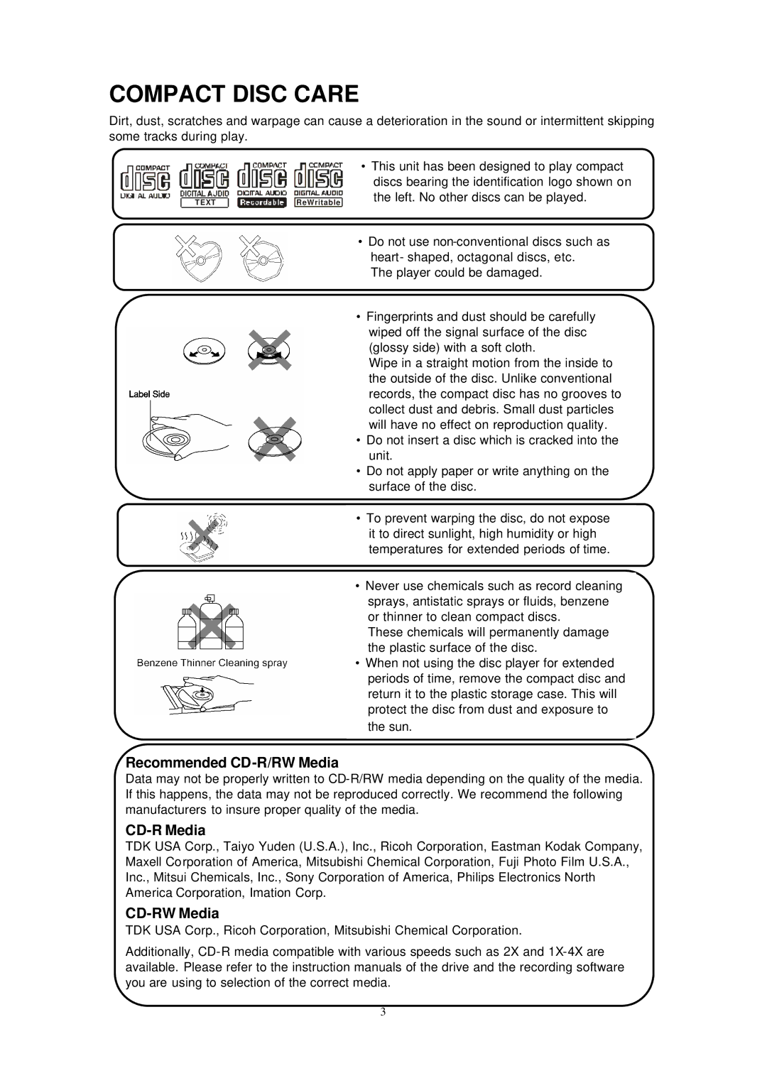 Sirius Satellite Radio ECD-T1540 manual Compact Disc Care, Recommended CD-R/RW Media 