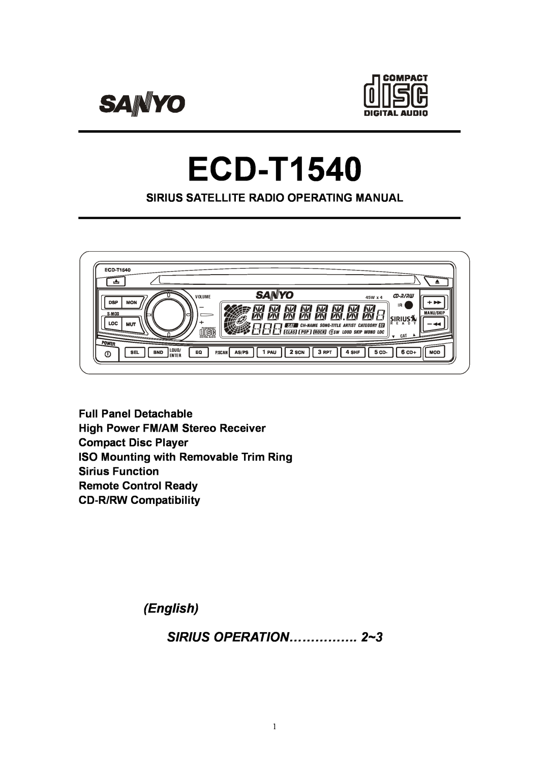Sirius Satellite Radio ECD-T1540 manual English SIRIUS OPERATION……………. 2~3, Sirius Satellite Radio Operating Manual, 45W 