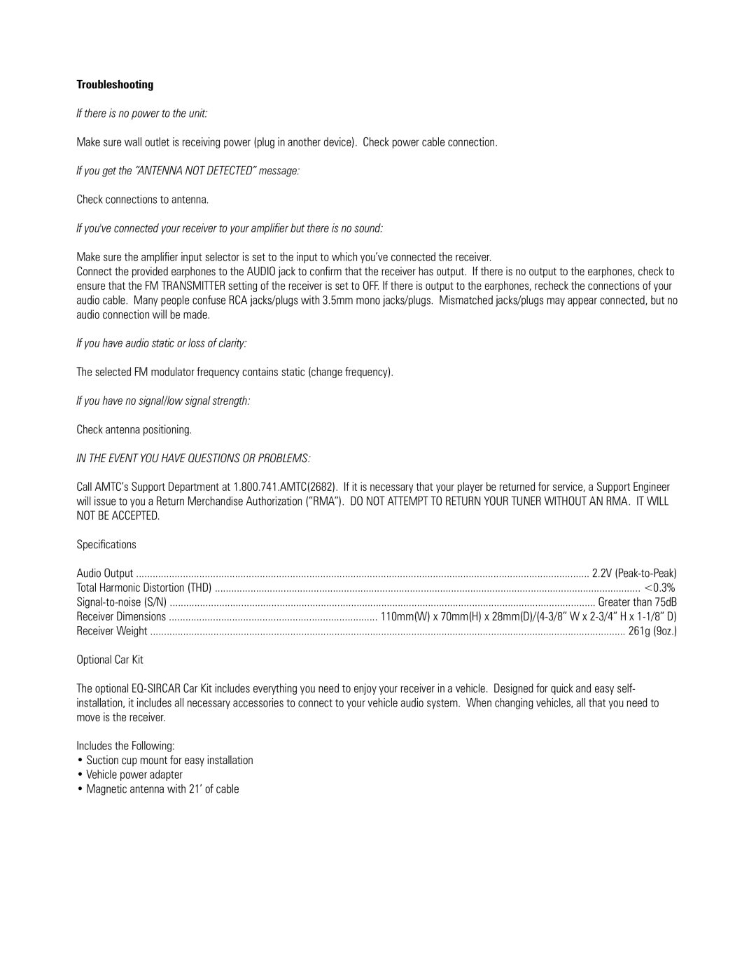 Sirius Satellite Radio EQ-SIRANT, EQ-SIRCBL, EQ-SIRRCV owner manual Troubleshooting, If there is no power to the unit 