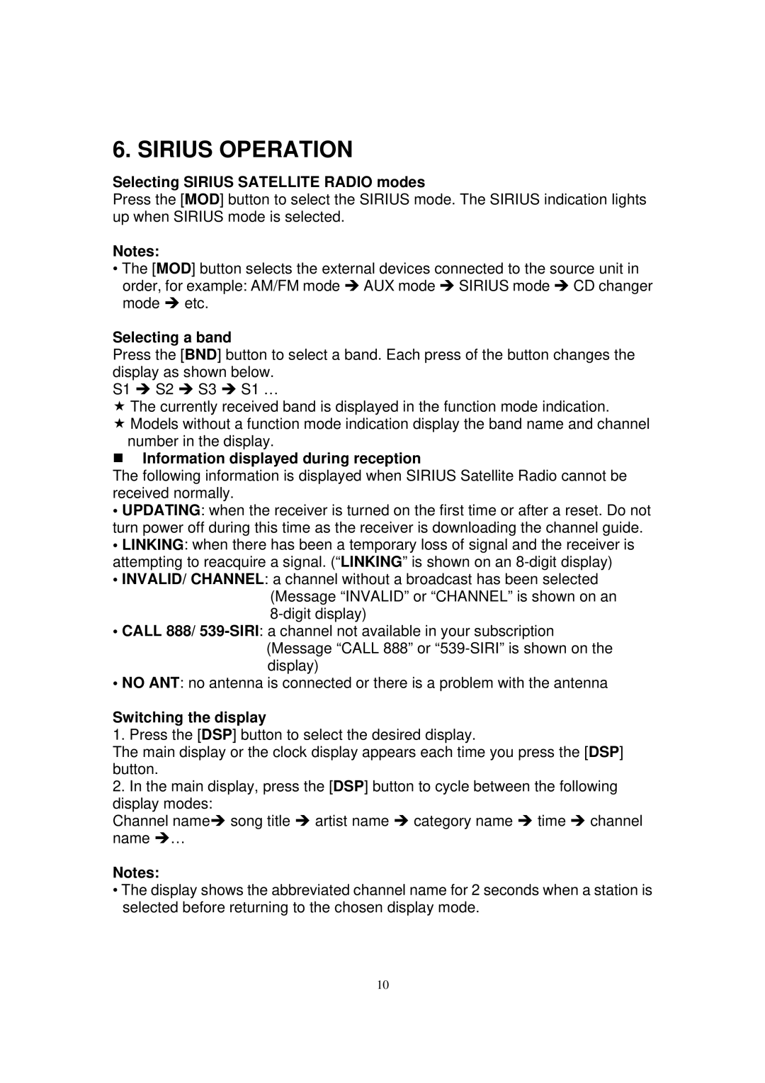 Sirius Satellite Radio ESR-T100 user manual Sirius Operation, Selecting Sirius Satellite Radio modes, Selecting a band 